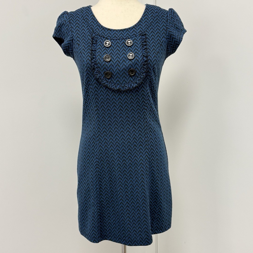 60s Mod Chevron Mini Shift Dress Juniors S Retro Twee Double Button Bib Preppy
